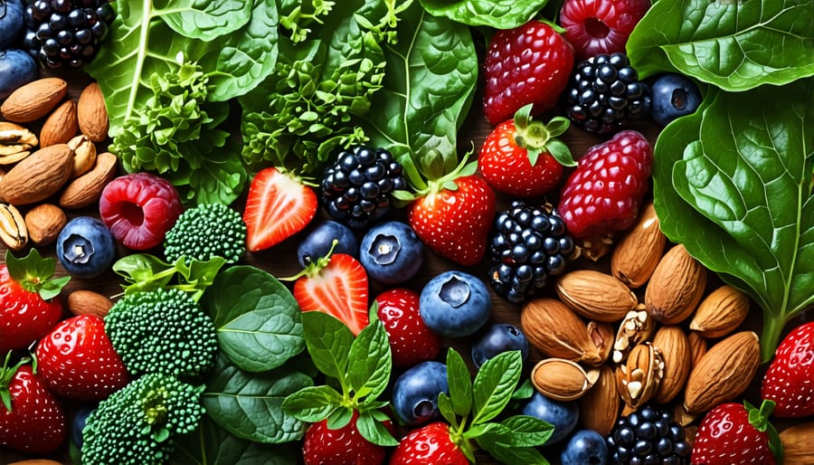 Colorful collage featuring various nutrient-rich plant-based foods