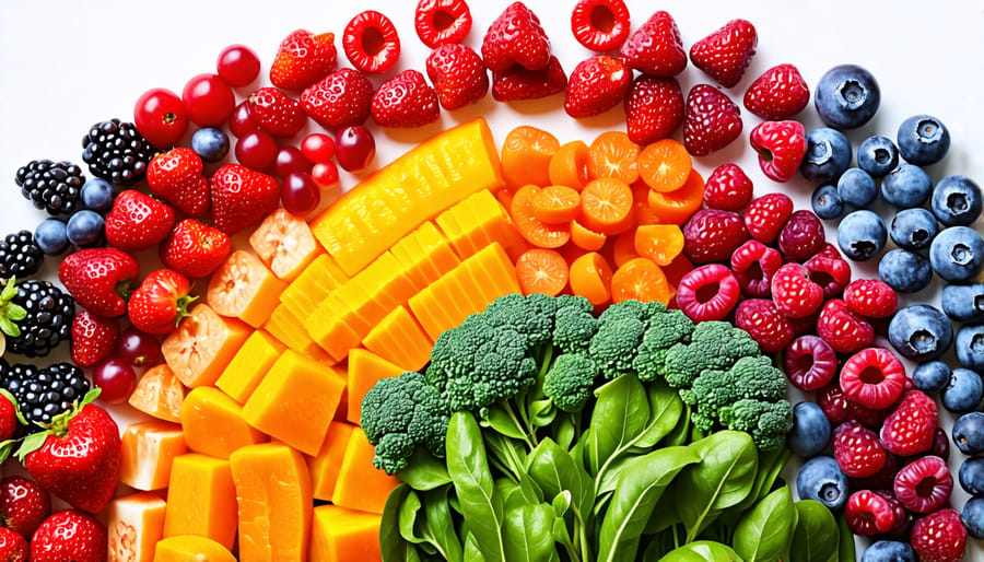 Assortment of vibrant, whole foods in a rainbow pattern