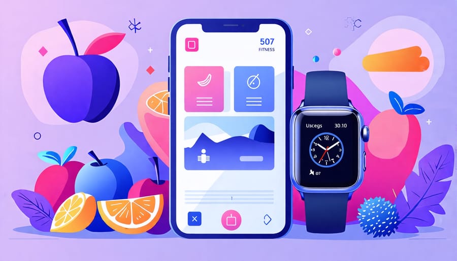 Smartwatch and smartphone displaying fitness apps, surrounded by healthy food, symbolizing integration of diet with fitness apps.