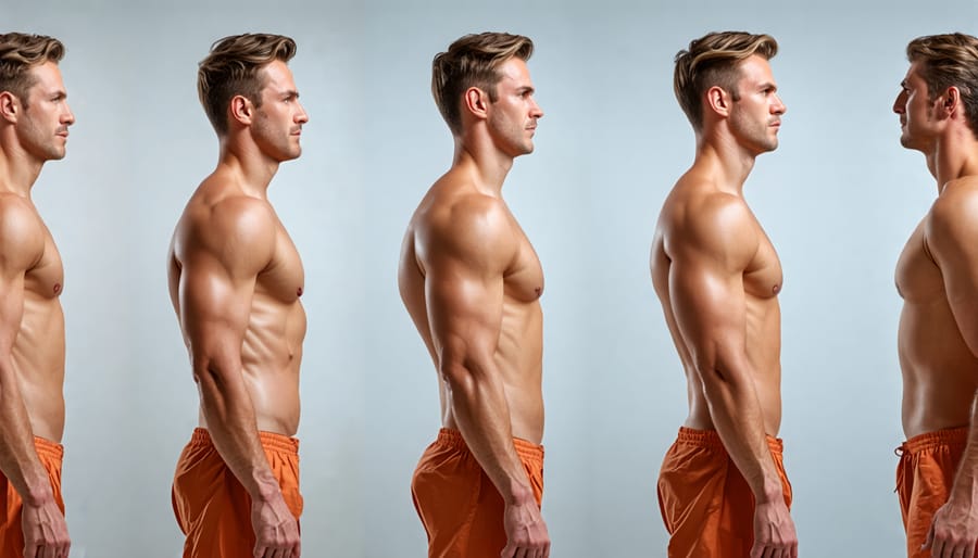 Collage of a person's one-year physique transformation