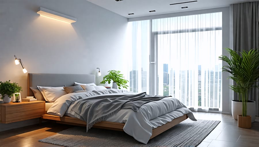 Bedroom with dim lighting, comfortable bedding, and tranquility to promote good sleep hygiene