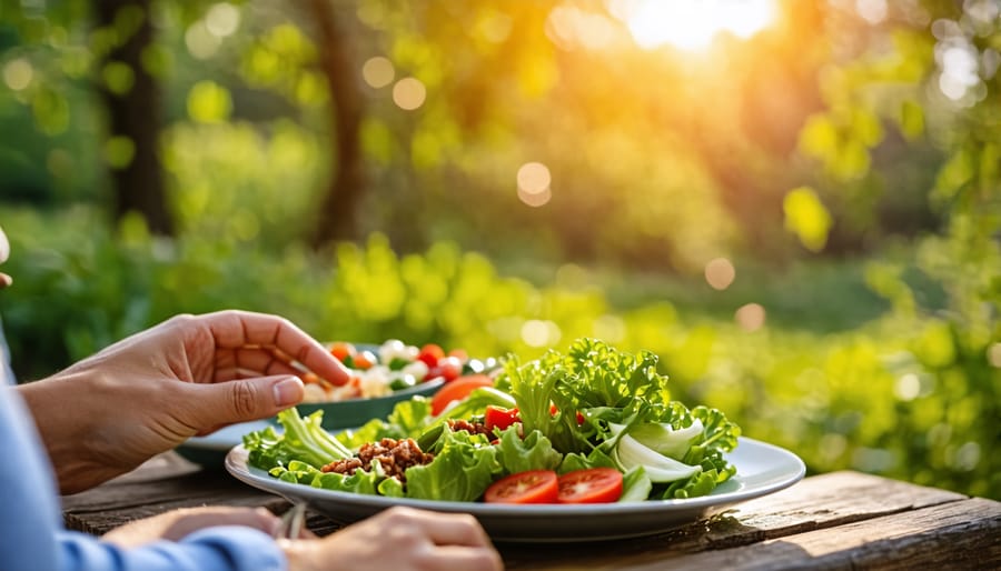 Person finding relaxation and joy in eating a nutritious plant-based meal outdoors