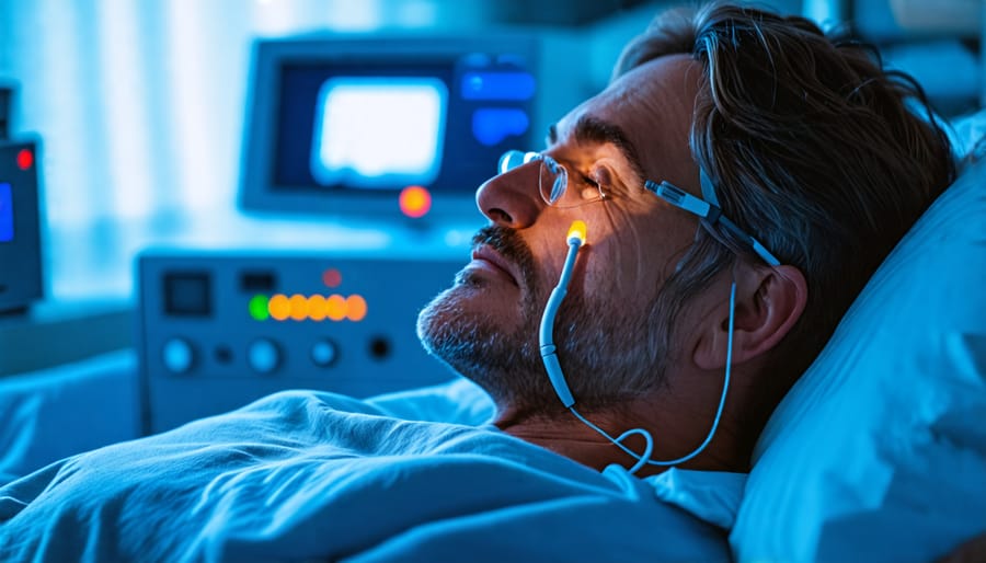 Sleep study patient connected to monitoring equipment during polysomnography