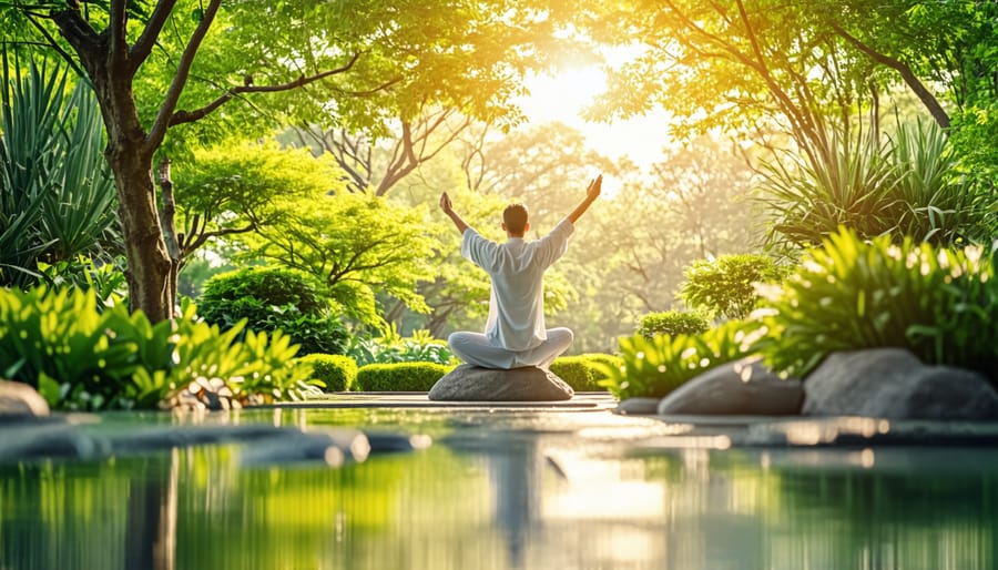 Man doing Qigong exercises in a tranquil garden