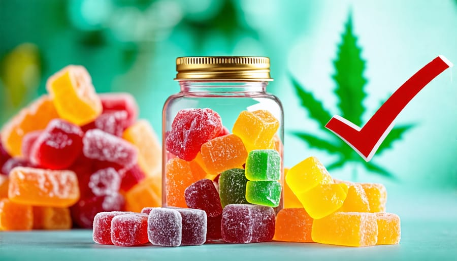 Bottle of THC gummies with a checkmark symbolizing a quality product choice