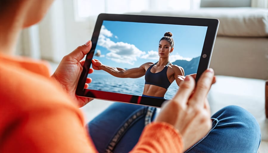 Individual participating in fitness coaching through a telehealth platform on a tablet