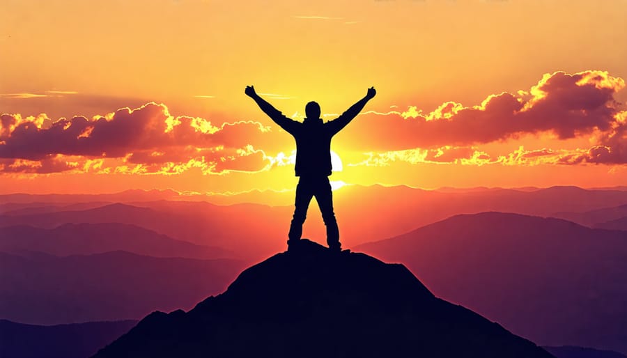 Silhouette of a person in a victorious pose on a mountain summit, representing resilience and mental toughness