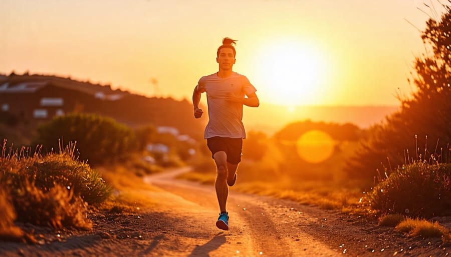 Jogger running on a beach at sunset, symbolizing stress reduction and mood improvement