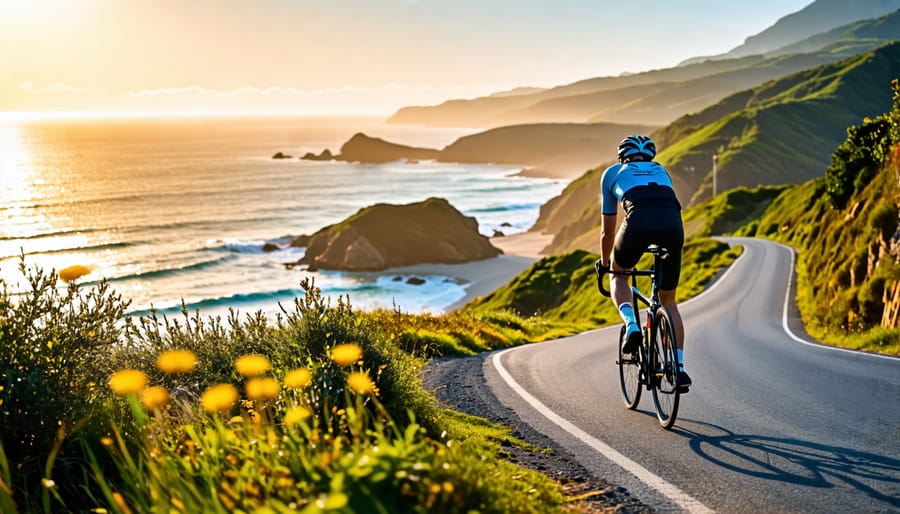 Solo cyclist enjoying a scenic ride by the ocean