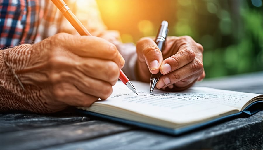 Older man practicing mindfulness by writing in a journal