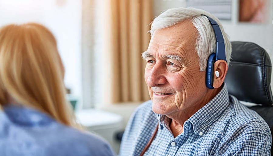 Senior participating in a hearing evaluation session at a clinic