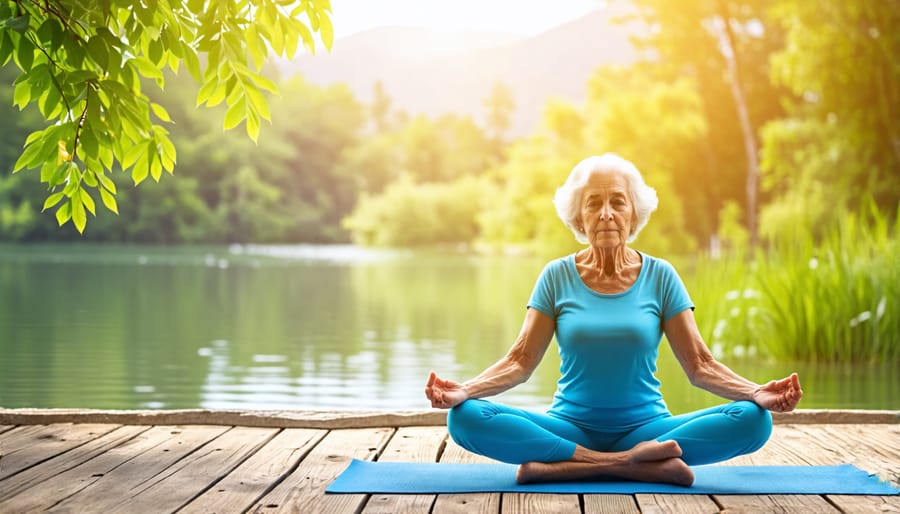 Senior woman doing a yoga pose outdoors for self-care