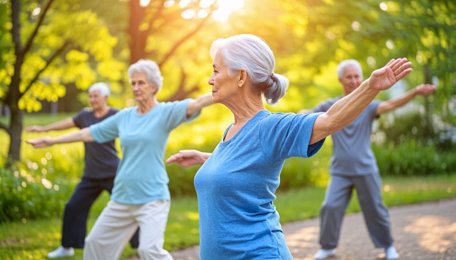 Seniors participating in a group tai chi class in a park