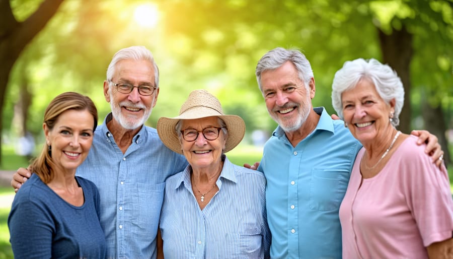 Happy elderly friends enjoying conversation outdoors