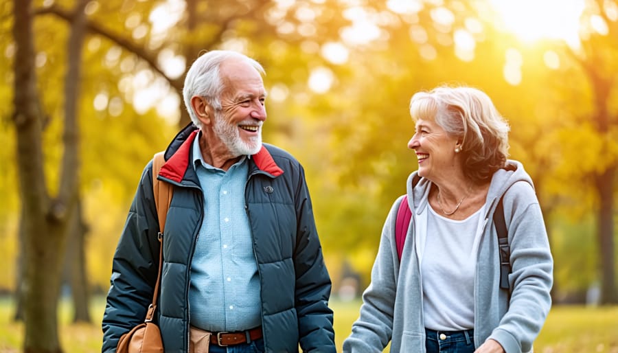 Two senior friends enjoying a walk together outdoors