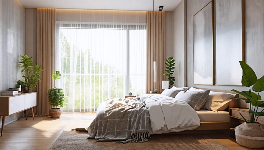 A bedroom optimized for sleep, featuring a comfortable bed, soft lighting, and a calming environment