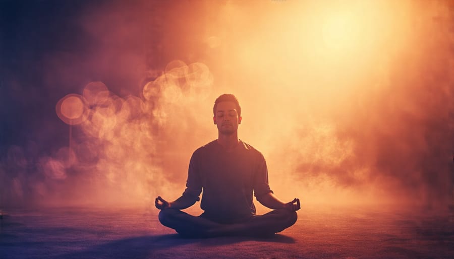 Person meditating in a peaceful, dimly lit room for better sleep