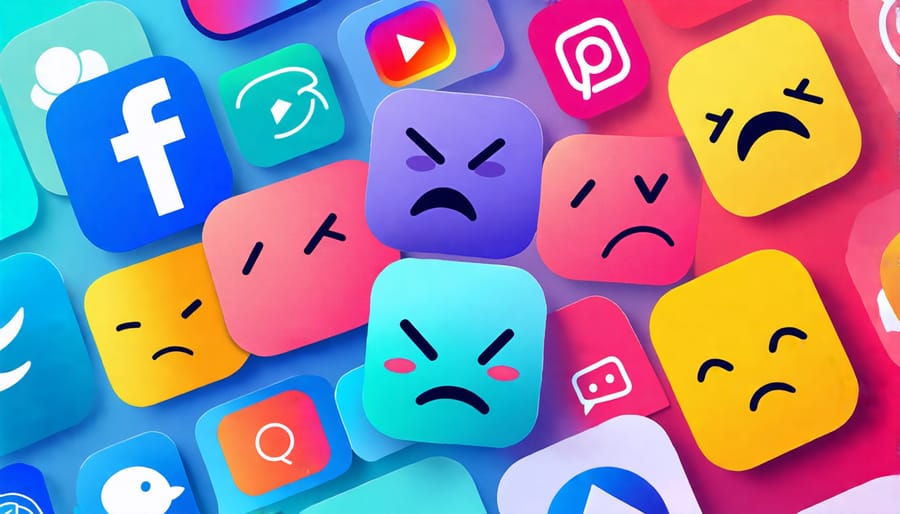 Negative facial expressions combined with social media logos, representing stress and mental health impact