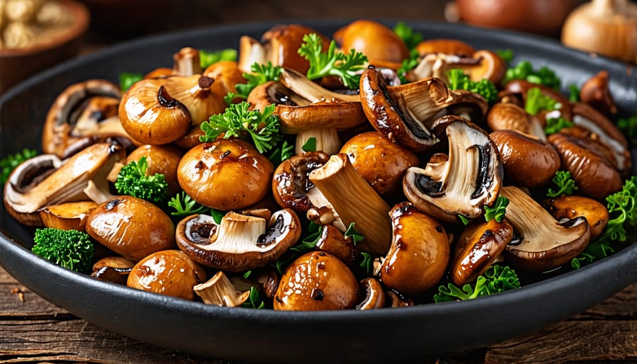 A plate of stir-fried mushrooms with vegetables and herbs