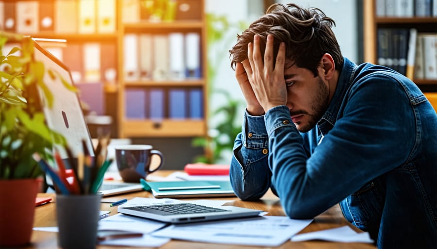 Person at a cluttered desk looking stressed, representing the role of stress in poor sleep and headaches