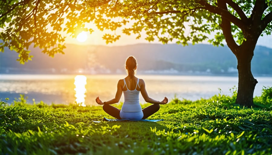 Woman managing stress through yoga or meditation practice in nature