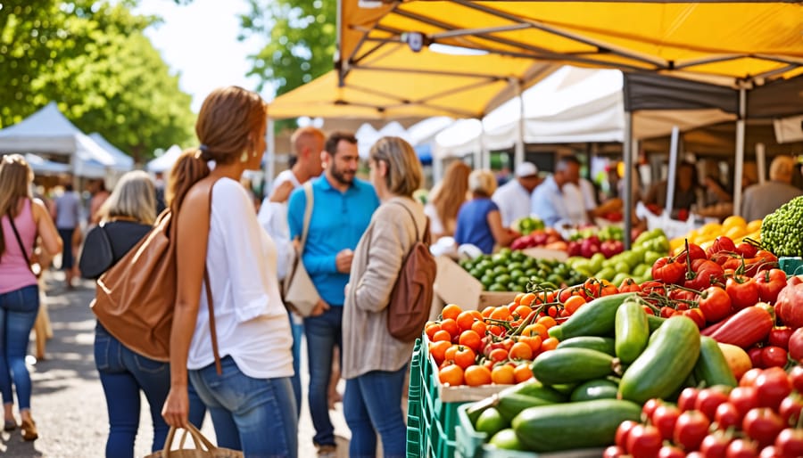 Diverse community members purchasing goods at a local farmer's market, supporting local economies