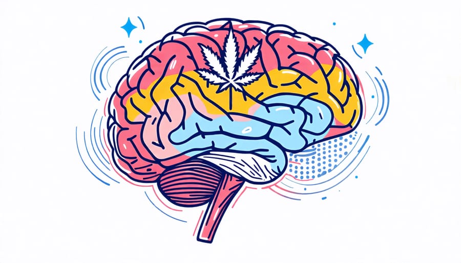 Illustration of a human brain with specific areas highlighted to indicate potential THC effects