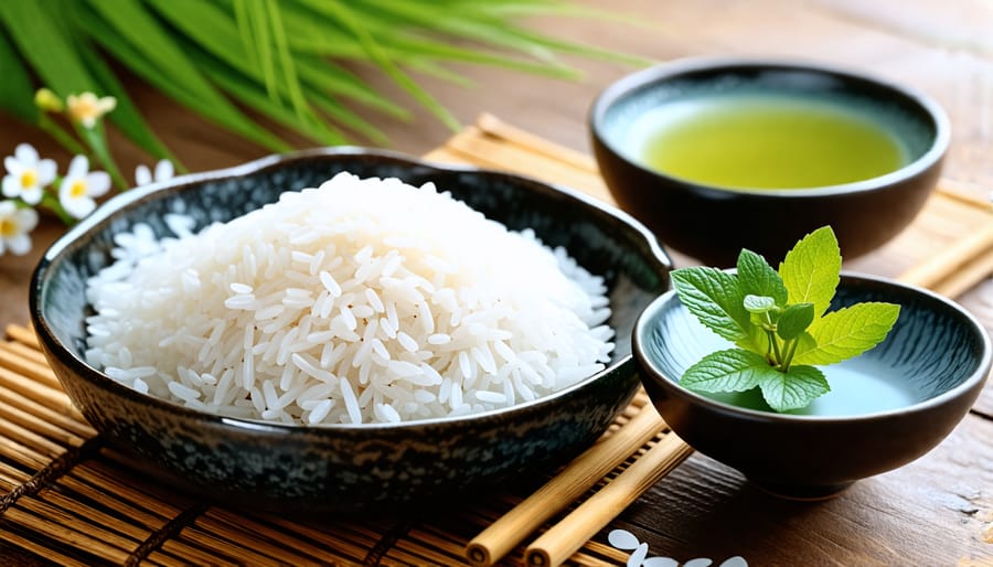 Assortment of traditional Japanese beauty products including rice bran and green tea