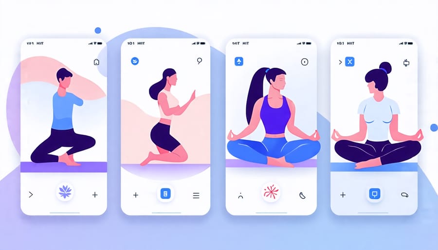 Icons representing various virtual fitness app categories like yoga, HIIT, strength training, and meditation.