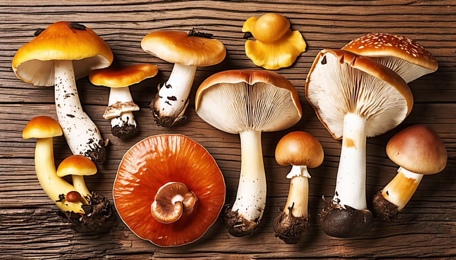 Selection of beneficial mushrooms including reishi, shiitake, and lion's mane