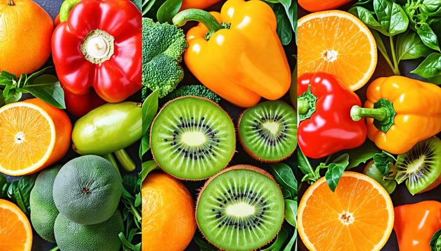 Collage of colorful fruits and vegetables rich in Vitamin C