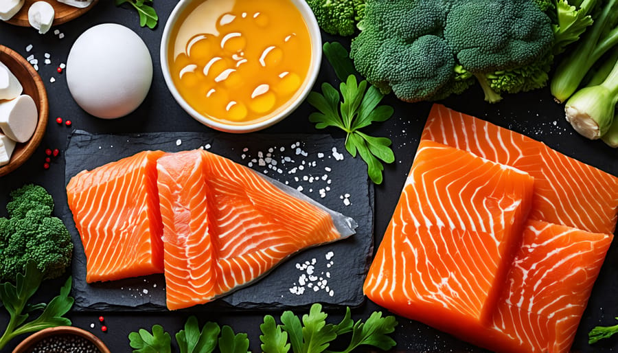 Foods high in Vitamin D including salmon, eggs, and milk