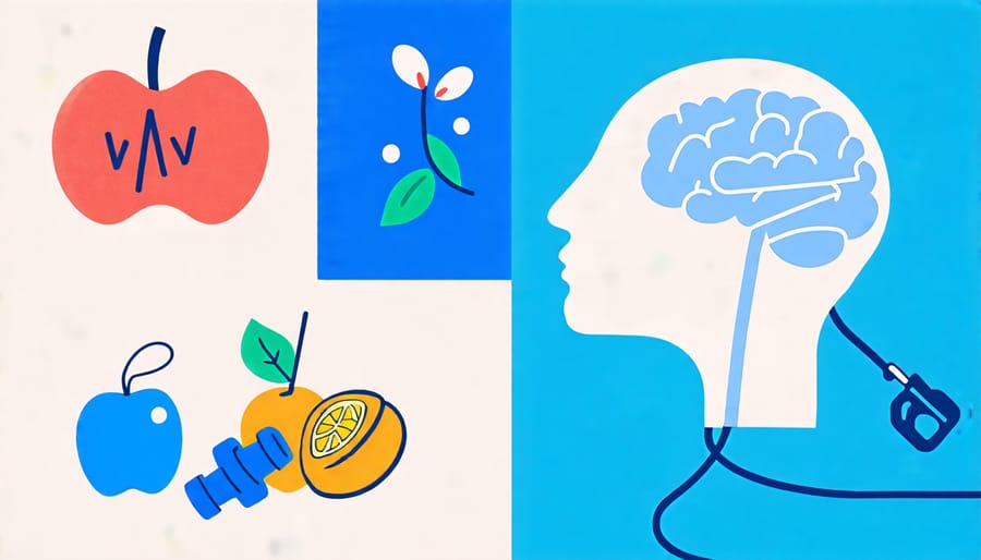 A combination of imagery including a healthy salad, dumbbells, and symbols representing mental health, illustrating factors contributing to occupational wellness