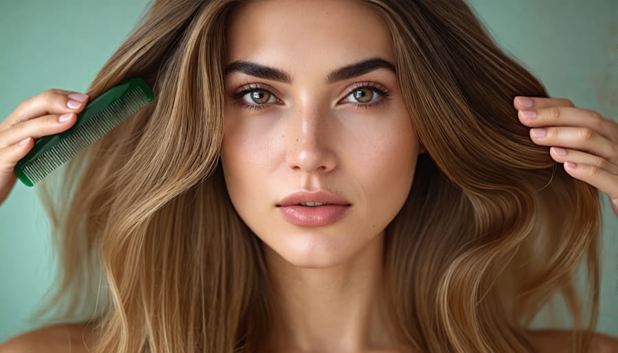 Beautiful woman using a jade comb to brush her healthy, shiny hair