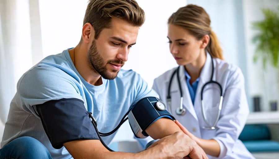 Young adult having their blood pressure checked by a healthcare worker