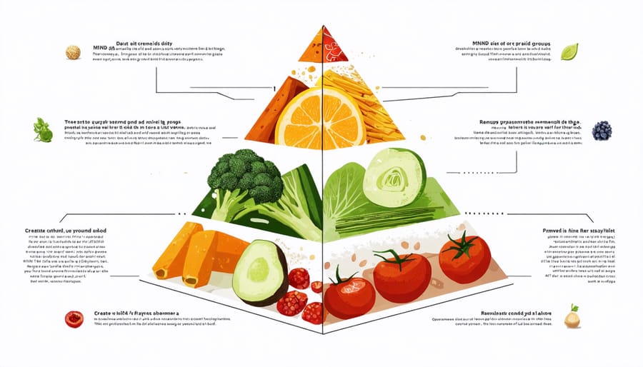 Graphical representation of the MIND diet featuring vegetables, berries, whole grains, and lean proteins