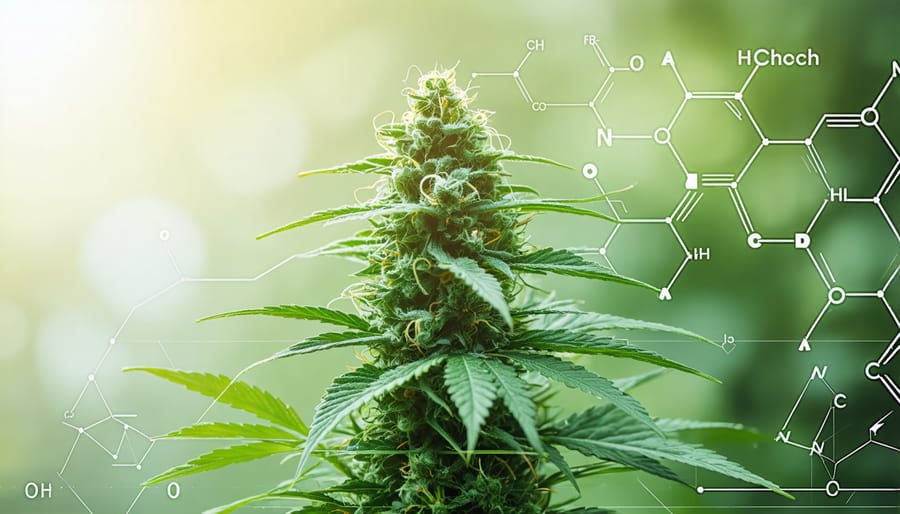 Illustration of a cannabis plant with the molecular structure of CBD highlighted