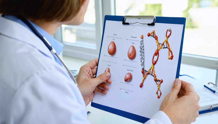 Doctor explaining familial hypercholesterolemia diagnosis to a patient using a genetic pedigree chart