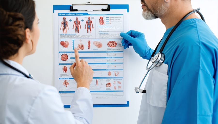 Doctor explaining symptoms and diagnosis of a syndrome to a patient using a medical chart