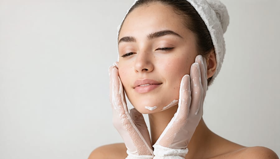 Demonstration of proper facial exfoliation technique using exfoliating gloves