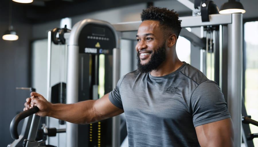 Gym staff providing guidance on equipment use to help alleviate anxiety