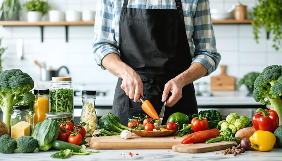 Person preparing a healthy meal in a kitchen stocked with wholesome foods to support their eating habit change