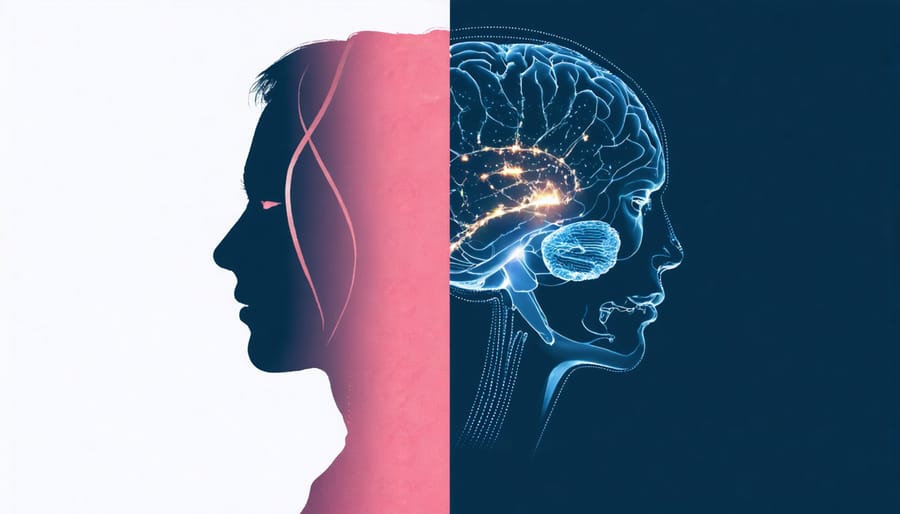 Visual representation of the mind-body connection in chronic pain, showing facial expression and brain activity