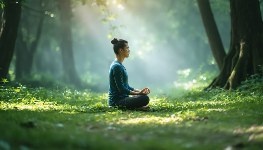 Individual practicing mindfulness meditation outdoors