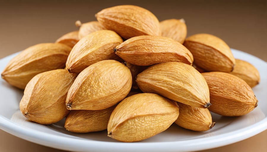 Plate of roasted jackfruit seeds, cut open to show the white interior