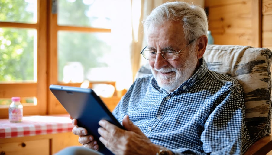 Elderly person participating in a telemedicine appointment from their rural home