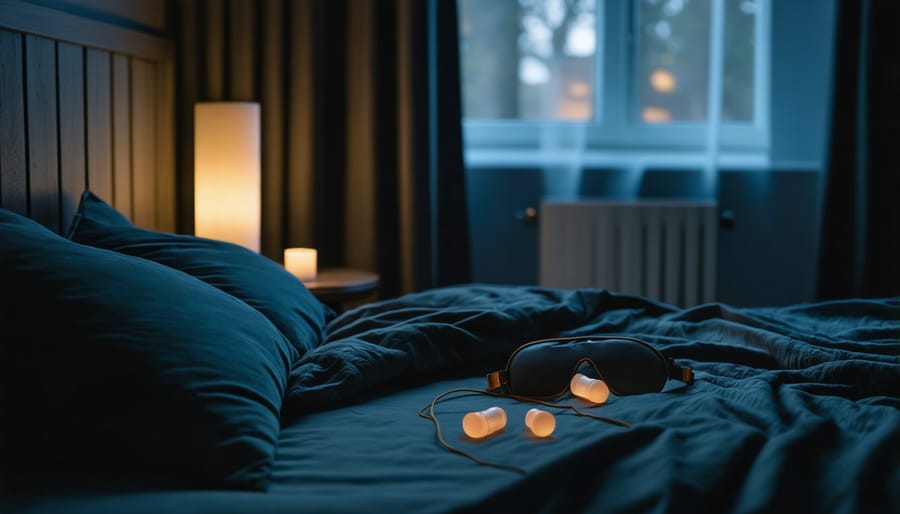 Dark, quiet bedroom optimized for healthy sleep during daylight savings transition