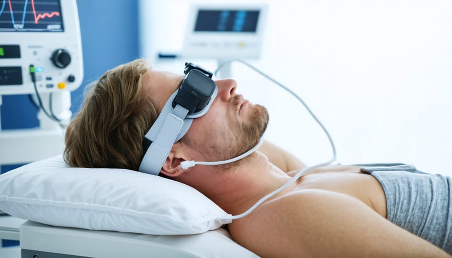 A person participating in a sleep study to diagnose potential sleep disorders