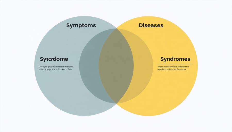 Conceptual Venn diagram illustrating the relationship between symptoms, syndromes, and diseases