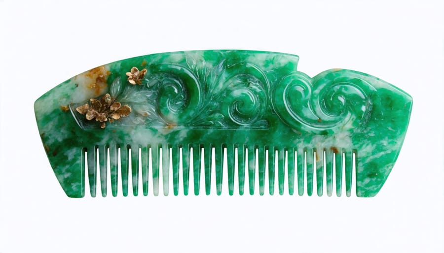 Traditional green jade comb displaying natural veining patterns and carved details